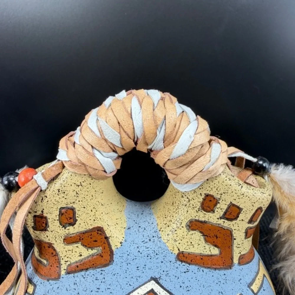 Southwestern Wedding Vase Hand Painted Buffalo Sun Pottery Feather Leather 4inch